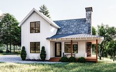 a small white house with a blue roof