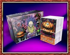 an image of two halloween themed books on purple and orange background with gold trimming