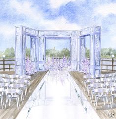 an artist's rendering of a wedding venue with white chairs and purple flowers on the aisle