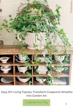 a wooden shelf filled with plates and plants