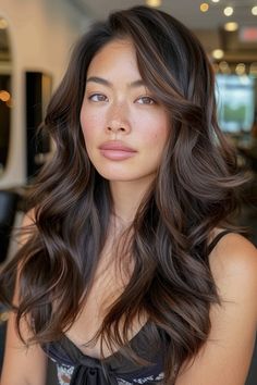 Woman with long, wavy brown hair in a brightly lit salon. Glossy Brunette Hair Dark Brown, Chocolate Brown With Caramel Balayage, Choppy Brunette Hair, Dark Brown With Black Lowlights, Cool Brown With Lowlights, Hair Color Ideas For Brunettes Asian, Melted Balayage Brunettes, Dark Hair Streaks, Mushroom Ash Brown Balayage On Dark Hair