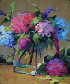 a painting of colorful flowers in a glass vase