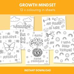 the growth minds coloring book is shown in four different sizes and colors, including one with an