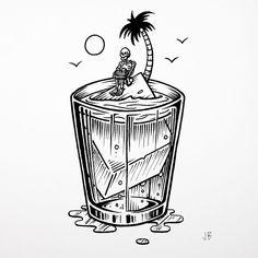 a black and white drawing of a drink with a skeleton sitting on top of it