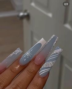 Winter Nail Sets Blue, December Nail Ideas Stiletto, Crismas Nails Idea, Winter Acrylics Nails, Long Acrylic Nails Designs Ideas Winter, Extra Winter Nails, Long Square Nails Christmas, Winter Long Acrylic Nails, Ice Cicle Nails