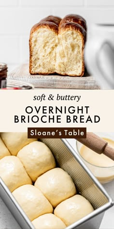 a loaf of bread sitting on top of a counter next to a pan filled with rolls