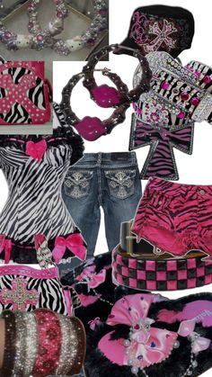 a collage of clothes and accessories with pink, black, and white designs on them