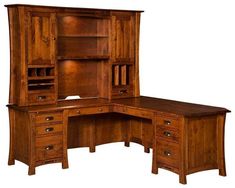 a wooden desk with drawers and cupboards