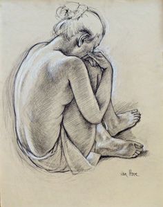 a drawing of a woman sitting on the ground with her hands behind her head and looking down