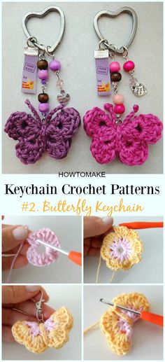 crochet keychain pattern with instructions to make it in the shape of a butterfly