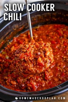 slow cooker chili with meatballs in it and text overlay that reads slow cooker chili