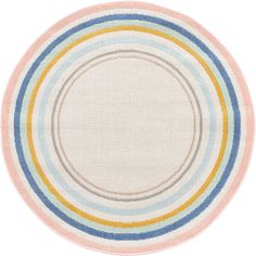 a round rug with multicolored stripes on the outside and inside, against a white background