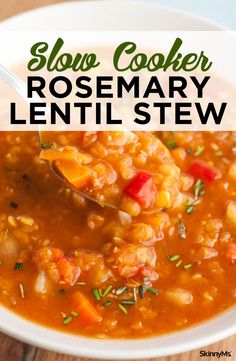 slow cooker rosemary lentil stew in a white bowl with a spoon