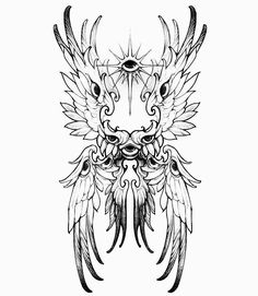 an artistic tattoo design with wings and eyeballs on the back of its head, in black and white