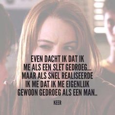 a woman with long hair and a man in the background text reads, even dahtk datt ak me als een slet george