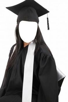 a woman wearing a graduation cap and gown with a white ribbon on her neck, standing in front of a white background