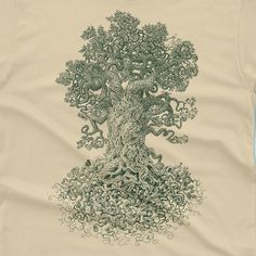 Gnarled Tree Shirt screen printed on Cream or Army Green. Lines twist and contort to create this incredibly detailed, gnarled tree. Several forest animals wind their way through the maze of roots and branches. Item Description: Hand screen printed with dark green ink on a cream shirt or black ink on an army green shirt Next Level style 3600 tee. These tshirts are lightweight, comfortable and ultra soft. This and all other images in my shop are my own original drawings. See the photos for a size Gnarled Tree, Unique Shirts Design, Tree Tshirt, Tee Tree, Nature Shirts, Tree Shirt, Creative Tshirt, Green Nature, Hand Screen Printed