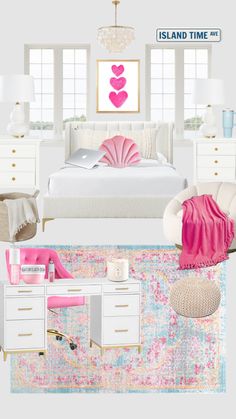 a bedroom with white furniture and pink accents