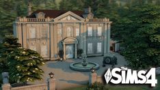 an animated image of a large house in the middle of a park with trees and bushes