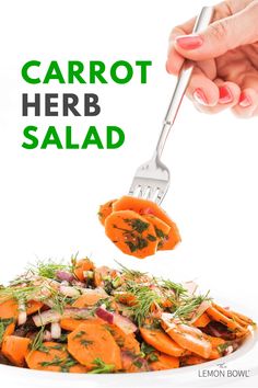 carrot herb salad on a white plate with a hand holding a spatula over it