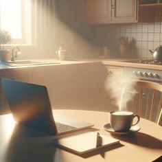 a laptop computer sitting on top of a wooden table next to a cup of coffee