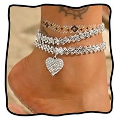 PRICES MAY VARY. Rhinestone shiny anklets are made of rhinestone,it will not be tight to wear and not fade easily. Layered ankle chain length is 16cm/6.3inches,you can adjust it according to the extension chain 10cm/4inches. Silver heart anklet bracelets design are very simple, wearing it on the beach is also a beautiful scenery, and you will get more compliment in the crowd. Sand beach foot jewelry is suitable to wear to all kinds of occasions, especially outdoor activities,beach,party,club,con Womens Ankle Bracelets, Anklet For Women, Foot Chain, Crystal Anklet, Heart Anklet, Ankle Jewelry, Beach Anklets, Bracelets Design, Ankle Chain