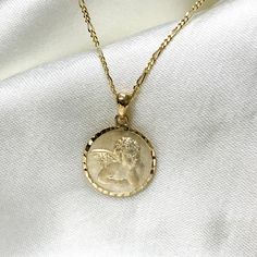 14K Yellow Gold Large Angel Pendant With 1.6mm Figaro 3+1 Chain Religious Necklace, Heavenly Necklace Perfect Gift for Loved Ones ✅ PENDANT SPECIFICATIONS:  * Single Sided * Height: 0.47 in. (12 MM) * Width: 0.39 in. (10 MM) * Average Weight: 0.81 gr. ✅ CHAIN SPECIFICATIONS:  * Clasp: Spring-Ring  * Width: 1.6 MM ➤ Length: 14 inches   Avg Weight: 1.2 ➤ Length: 16 inches   Avg Weight: 1.34 ➤ Length: 18 inches   Avg Weight: 1.49 ➤ Length: 20 inches   Avg Weight: 1.67 ➤ Length: 22 inches   Avg Weig Figaro Chain Jewelry With Round Pendant As Gift, White Gold Chain Necklace With Tarnish-resistant Round Pendant, Dainty Jewelry With Figaro Chain And Round Pendant, Dainty Figaro Chain Jewelry With Round Pendant, Dainty Round Pendant With Figaro Chain, Luxury Figaro Chain Jewelry As Gift, Luxury Figaro Chain Jewelry For Gift, Figaro Chain Necklace With Round Pendant For Gifts, Gift Necklaces With Figaro Chain