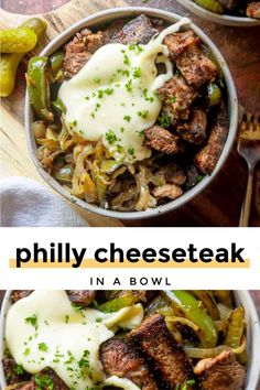 two bowls filled with meat and vegetables covered in cheese