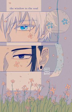 an anime character with blue eyes and short hair, in front of some pink flowers