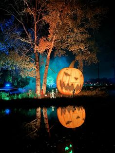 two pumpkins lit up in the night with trees and lights reflected in the water