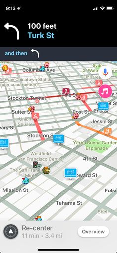 the gps app is open and shows directions to various locations in the city, including traffic