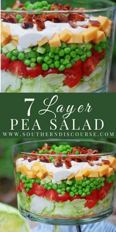 a layered salad with peas, bacon and cheese