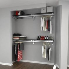 an organized closet with clothes and shoes