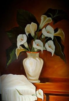 a painting of white flowers in a vase