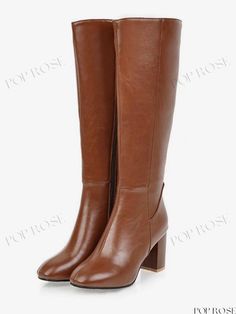 Elegant Women's Block Heel Boots with Round Toe Brown Winter Office Boots, Brown Wide Calf Boots For Work, Brown Winter Boots For Office, Casual Brown Boots For Office, Casual Brown Office Boots, Brown Square Toe Knee-high Boots For Work, Brown Wide Calf Boots For Office, Classic Brown Knee-high Boots For Office, Brown Pointed Toe Knee-high Boots For Office