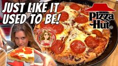 a woman holding a slice of pizza in front of her face and the words just like it used to be