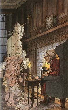 an old man sitting at a table next to a horse in a room filled with furniture