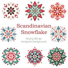 an assortment of snowflakes are shown in red, green and blue colors on a white background