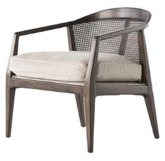 the arm chair is made from wood and has a beige upholstered cushion on it