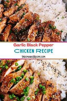 garlic black pepper chicken recipe with white rice and green onions