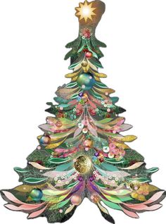 a colorful christmas tree with ornaments on it's sides and an ornament hanging from the top