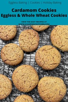 eggless and whole wheat cookies on a cooling rack with text overlay that says, eggs