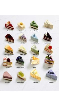 an assortment of different types of desserts on a white surface with words below it