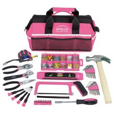 a pink tool bag with tools in it