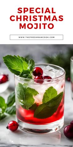 a christmas mojit with mint leaves and cranberries