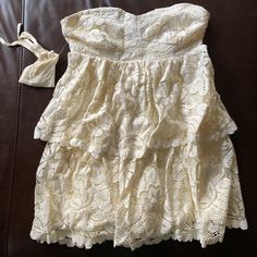 Anthropologie, Cream Summer Strapless Mini Lace Dress, Fitted Cotton Lace Dress For Summer, Spring Strapless Mini Lace Dress, Spring Lace Strapless Mini Dress, Spring Mini Lace Strapless Dress, Spring Strapless Lace Dress, Strapless Lace Dress For Spring, Summer Mini Lace Dresses, Chic Spring Strapless Lace Dress