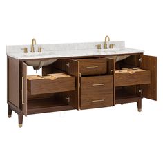 a bathroom vanity with two sinks and wooden cabinetry on the side, against a white background