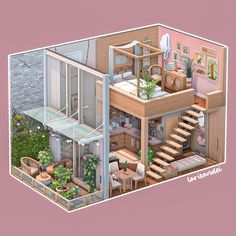 an illustration of a house with stairs and plants in the living room on top of it