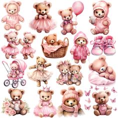 a collection of teddy bears dressed in pink and holding baby's stuff animals,