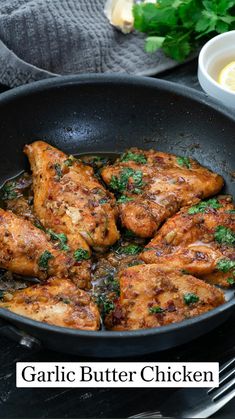 garlic butter chicken is cooking in a skillet